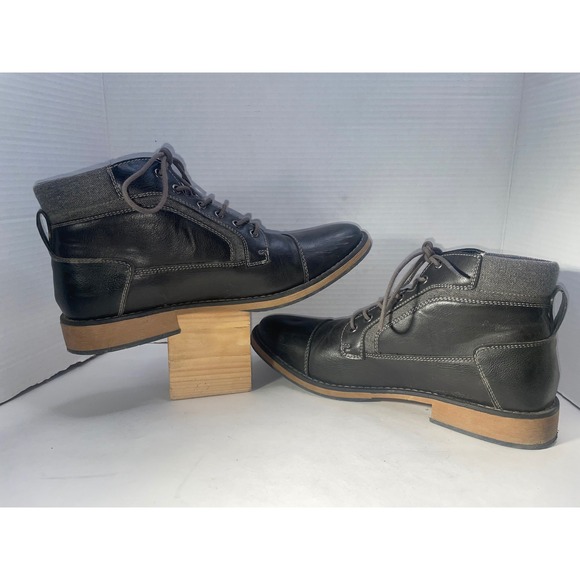 IZOD Mens Size 10.5M Cap Toe Lace Up Ankle Boots Leather Black Gray EXCELLENT - Picture 1 of 8